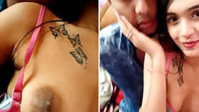 Boy and Indian girlfriend plays with butterflies tattoo are nice couple